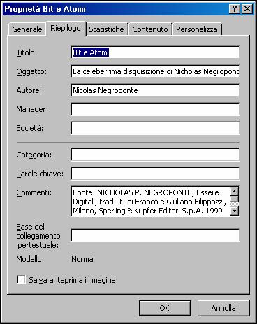 schermata della scheda proprietà di un file di Word