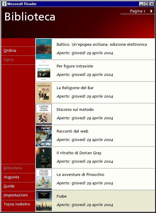 L'area Biblioteca del Microsoft Reader