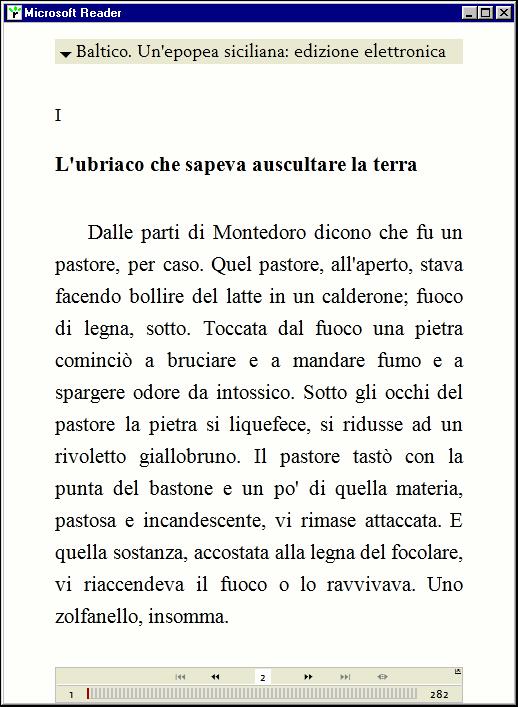 La prima pagina del romanzo visualizzata con Microsoft Reader